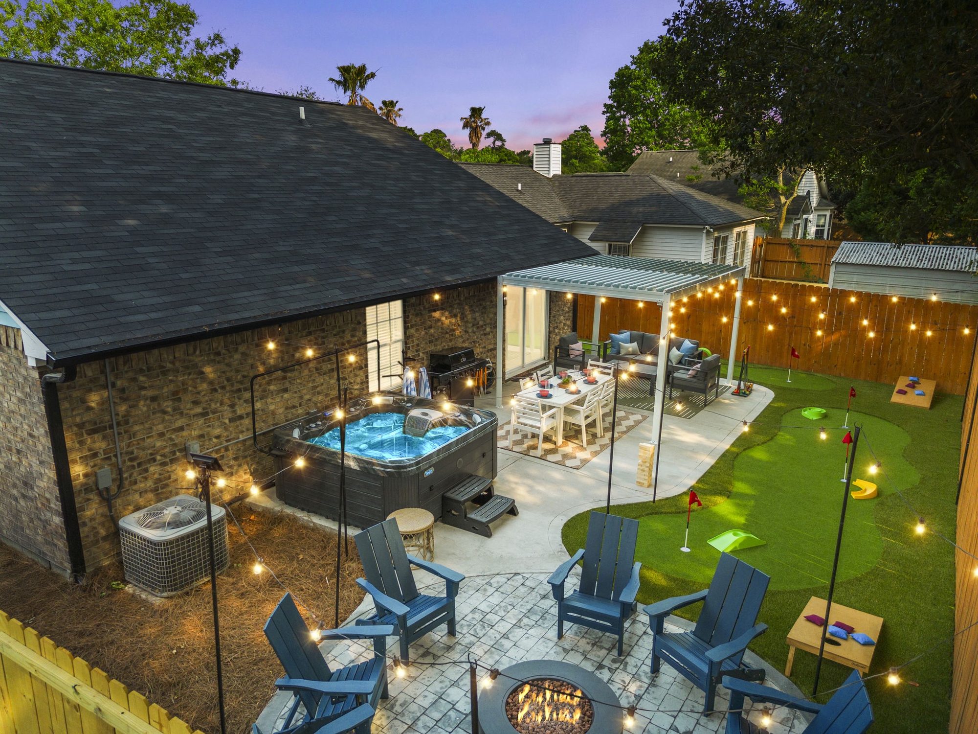 Hot Tub Pergola Fire Pit Mini Golf at Mossy Tides Retreat